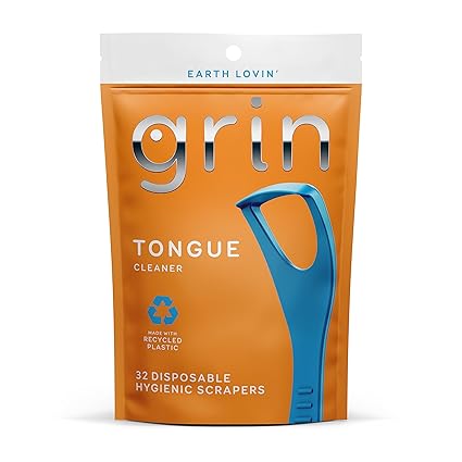 GRIN Tongue Cleaner, 32 Count, Disposable Tongue Cleaner, Hygienic Scraper, Recycled Plastic, Clean Tongue, Promote Fresh Breath, Includes Safe Fold- Back Tooth Pick my store