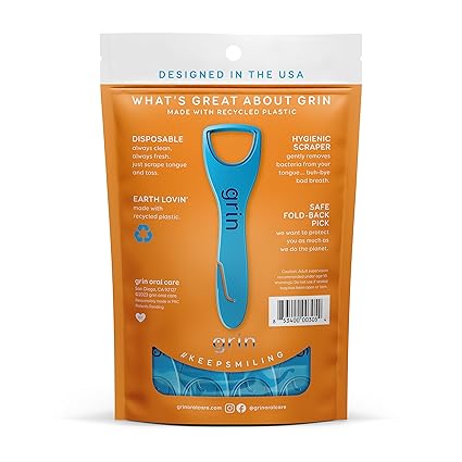 GRIN Tongue Cleaner, 32 Count, Disposable Tongue Cleaner, Hygienic Scraper, Recycled Plastic, Clean Tongue, Promote Fresh Breath, Includes Safe Fold- Back Tooth Pick my store
