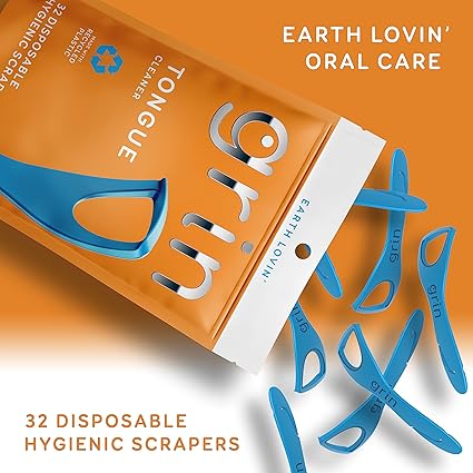 GRIN Tongue Cleaner, 32 Count, Disposable Tongue Cleaner, Hygienic Scraper, Recycled Plastic, Clean Tongue, Promote Fresh Breath, Includes Safe Fold- Back Tooth Pick my store