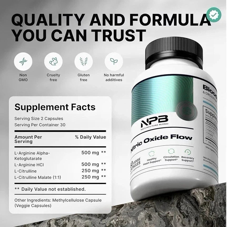 NPB Natures Pure Blend Nitric Oxide Flow L-Arginine Heart Circulation 60 Caps Trusty&Trendy